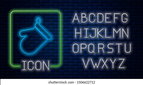 Glowing neon Oven glove icon isolated on brick wall background. Kitchen potholder sign. Cooking glove. Neon light alphabet. Vector Illustration