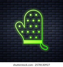 Glowing neon Oven glove icon isolated on brick wall background. Kitchen potholder sign. Cooking glove.  Vector