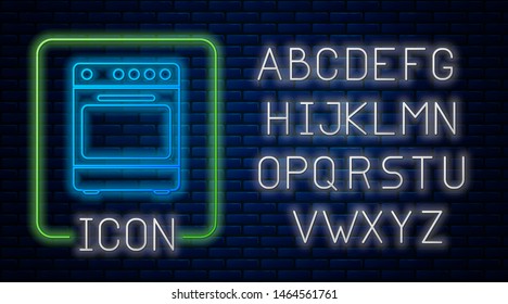 Glowing neon Oven icon isolated on brick wall background. Stove gas oven sign. Neon light alphabet. Vector Illustration