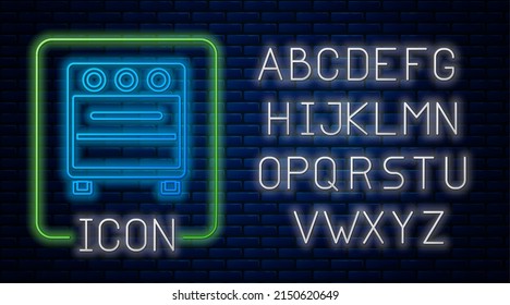Glowing neon Oven icon isolated on brick wall background. Stove gas oven sign. Neon light alphabet. Vector