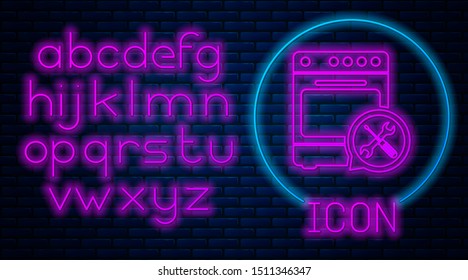 Glowing neon Oven with screwdriver and wrench icon isolated on brick wall background. Adjusting, service, setting, maintenance, repair, fixing. Neon light alphabet. Vector Illustration