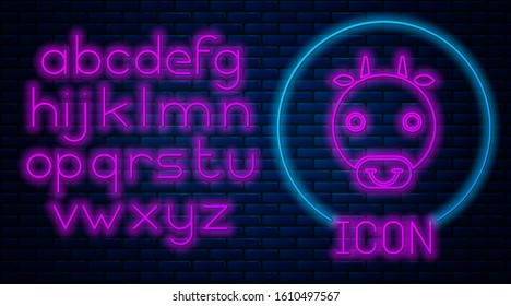 Glowing neon Ox zodiac sign icon isolated on brick wall background. Astrological horoscope collection. Neon light alphabet. Vector Illustration