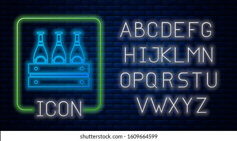 Glowing neon Pack of beer bottles icon isolated on brick wall background. Wooden box and beer bottles. Case crate beer box sign. Neon light alphabet. Vector Illustration