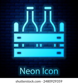 Glowing neon Pack of beer bottles icon isolated on brick wall background. Wooden box and beer bottles. Case crate beer box sign.  Vector