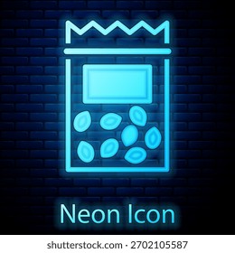 Paquete de neón brillante lleno de semillas de un icono de planta específico aislado en el fondo de la pared de ladrillo.  Vector