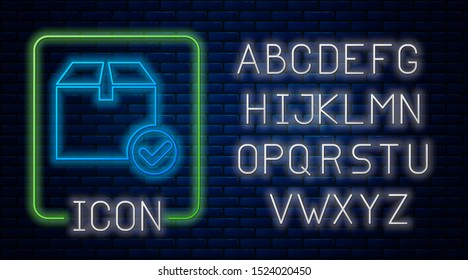 Glowing neon Package box with check mark icon isolated on brick wall background. Parcel box with checkmark. Approved delivery or successful package receipt. Neon light alphabet. Vector Illustration