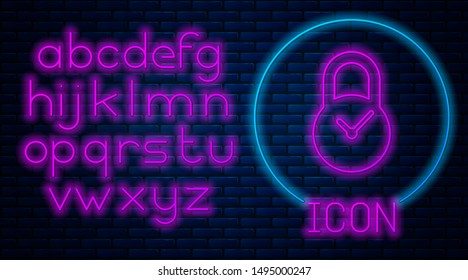 Glowing neon Padlock with clock icon isolated on brick wall background. Time control concept. Lock and countdown, deadline, schedule, planning symbol. Neon light alphabet. Vector Illustration