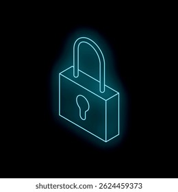 El candado de neón brillante flota sobre un fondo oscuro que representa el concepto de ciberseguridad