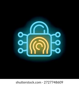 Ícone de cadeado neon brilhante com padrão de placa de circuito, simbolizando segurança digital e criptografia de dados