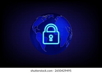 Glowing neon padlock icon over a digital globe, symbolizing cybersecurity, data protection and global network privacy, vector illustration