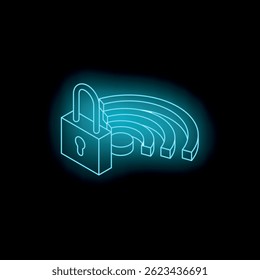 Glowing neon padlock securing wireless network, symbolizing internet security, data protection, and cybersecurity
