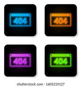 Glowing neon Page with a 404 error icon isolated on white background. Template reports that the page is not found. Black square button. Vector Illustration