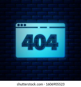 Glowing neon Page with a 404 error icon isolated on brick wall background. Template reports that the page is not found.  Vector Illustration