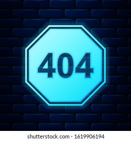 Glowing neon Page with a 404 error icon isolated on brick wall background. Template reports that the page is not found.  Vector Illustration