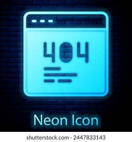 Glowing neon Page with a 404 error icon isolated on brick wall background. Template reports that the page is not found.  Vector