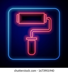 Glowing neon Paint roller brush icon isolated on blue background.  Vector Illustration