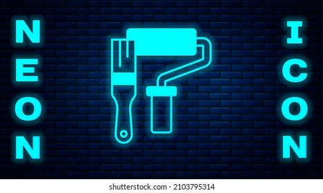 Glowing neon Paint roller brush icon isolated on brick wall background.  Vector