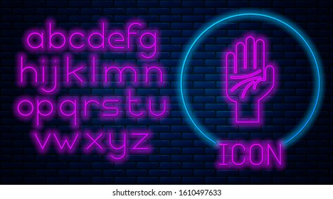 Glowing neon Palmistry of the hand icon isolated on brick wall background. Neon light alphabet. Vector Illustration