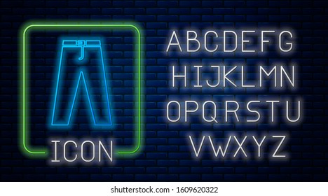 Glowing neon Pants icon isolated on brick wall background. Neon light alphabet. Vector Illustration