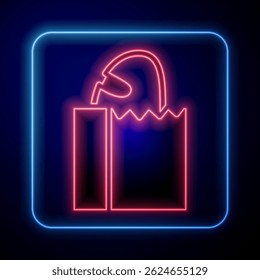 Glowing neon Paper bag with bread loaf icon isolated on black background.  Vector