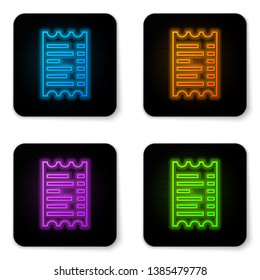 Glowing neon Paper check and financial check icon isolated on white background. Paper print check, shop receipt or bill. Black square button. Vector Illustration