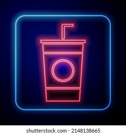 Glowing neon Paper glass with drinking straw and water icon isolated on blue background. Soda drink glass. Fresh cold beverage symbol.  Vector Illustration