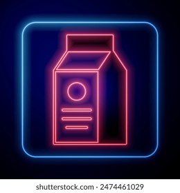 Glowing neon Paper package for milk icon isolated on black background. Milk packet sign.  Vector