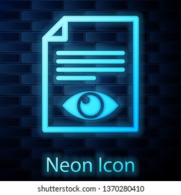 Glowing neon Paper page with eye symbol icon isolated on brick wall background. Open information file sign. Vector Illustration
