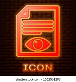 Glowing neon Paper page with eye symbol icon isolated on brick wall background. Open information file sign.  Vector Illustration