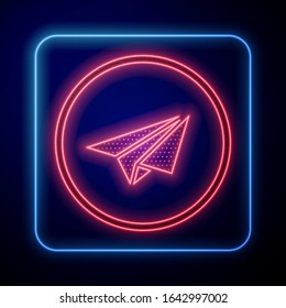 Glowing neon Paper plane icon isolated on blue background. Paper airplane icon. Aircraft sign.  Vector Illustration