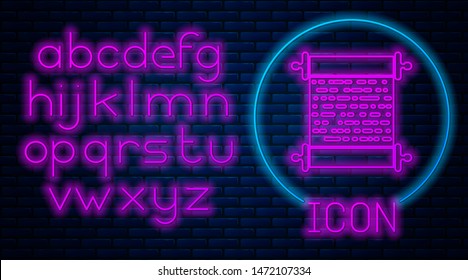 Glowing neon Paper scroll icon isolated on brick wall background. Canvas scroll sign. Neon light alphabet. Vector Illustration
