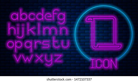 Glowing neon Paper scroll icon isolated on brick wall background. Canvas scroll sign. Neon light alphabet. Vector Illustration