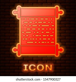 Glowing neon Paper scroll icon isolated on brick wall background. Canvas scroll sign.  Vector Illustration