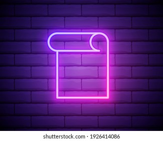 Glowing neon Paper scroll icon isolated on brick wall background. Canvas scroll sign. Vector Illustration.