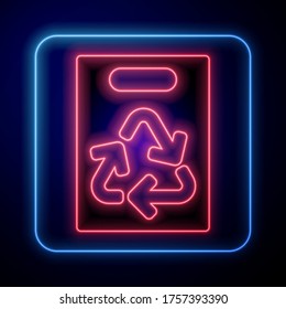 Glowing neon Paper shopping bag with recycle icon isolated on blue background. Bag with recycling symbol.  Vector Illustration