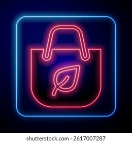Glowing neon Paper shopping bag with recycle icon isolated on black background. Bag with recycling symbol.  Vector