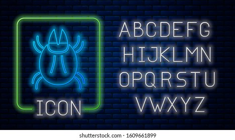 Glowing neon Parasite mite icon isolated on brick wall background. Neon light alphabet. Vector Illustration