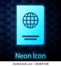 Glowing neon Passport with biometric data icon isolated on brick wall background. Identification Document. Vector Illustration