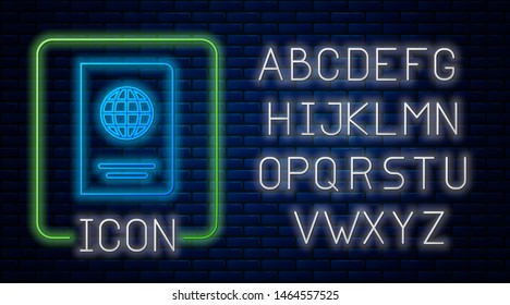 Glowing neon Passport with biometric data icon isolated on brick wall background. Identification Document. Neon light alphabet. Vector Illustration