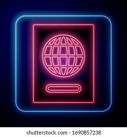Glowing neon Passport with biometric data icon isolated on blue background. Identification Document.  Vector Illustration
