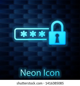 Glowing neon Password protection and safety access icon isolated on brick wall background. Lock icon. Security, safety, protection, privacy concept. Vector Illustration