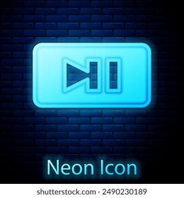 Glowing neon Pause button icon isolated on brick wall background.  Vector