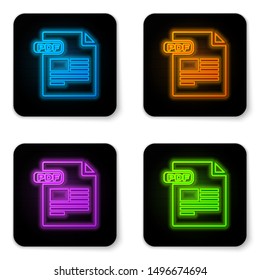 Glowing neon PDF file document. Download pdf button icon isolated on white background. PDF file symbol. Black square button. Vector Illustration