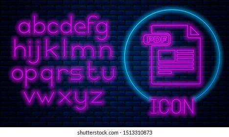 Glowing neon PDF file document. Download pdf button icon isolated on brick wall background. PDF file symbol. Neon light alphabet. Vector Illustration