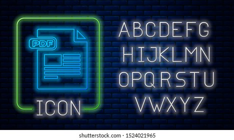 Glowing neon PDF file document. Download pdf button icon isolated on brick wall background. PDF file symbol. Neon light alphabet. Vector Illustration