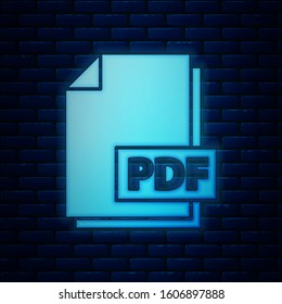 Glowing neon PDF file document. Download pdf button icon isolated on brick wall background. PDF file symbol.  Vector Illustration