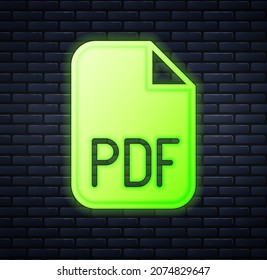 Glowing neon PDF file document. Download pdf button icon isolated on brick wall background. PDF file symbol.  Vector