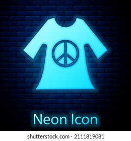 Glowing neon Peace symbol dress print stamp icon isolated on brick wall background.  Vector