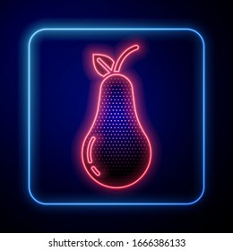 Icono de neón brillante Pear aislado en fondo azul. Fruta con símbolo de hoja. Ilustración vectorial