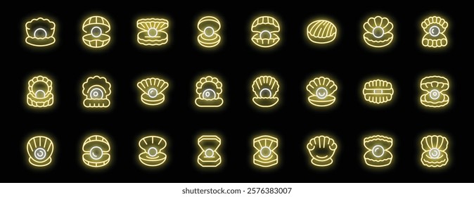 Glowing neon pearl oyster icons set, collection of bright luminous open shell with pearl pictograms in various styles on black background